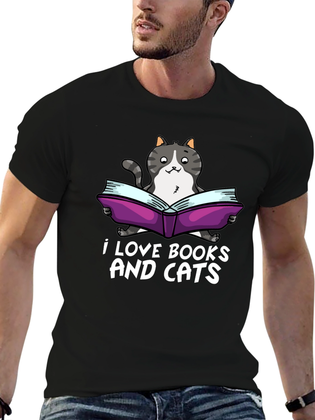 I Love Books and Cats Black T-Shirt