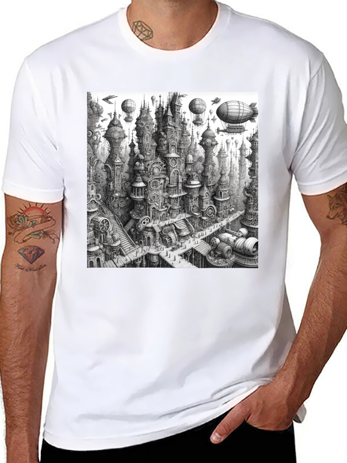Steampunk City Black Tee - Unique Graphic Design
