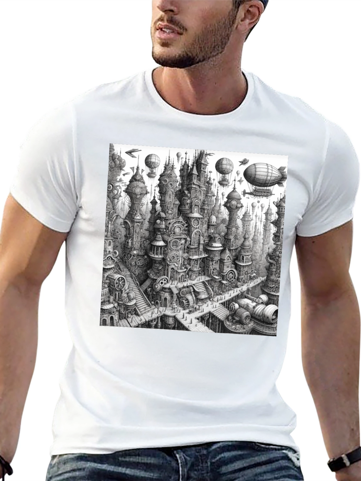 Steampunk City Black Tee - Unique Graphic Design