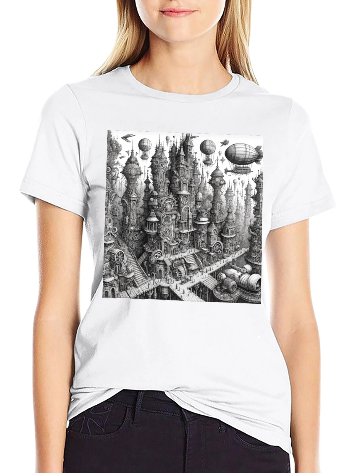 Steampunk City Black Tee - Unique Graphic Design