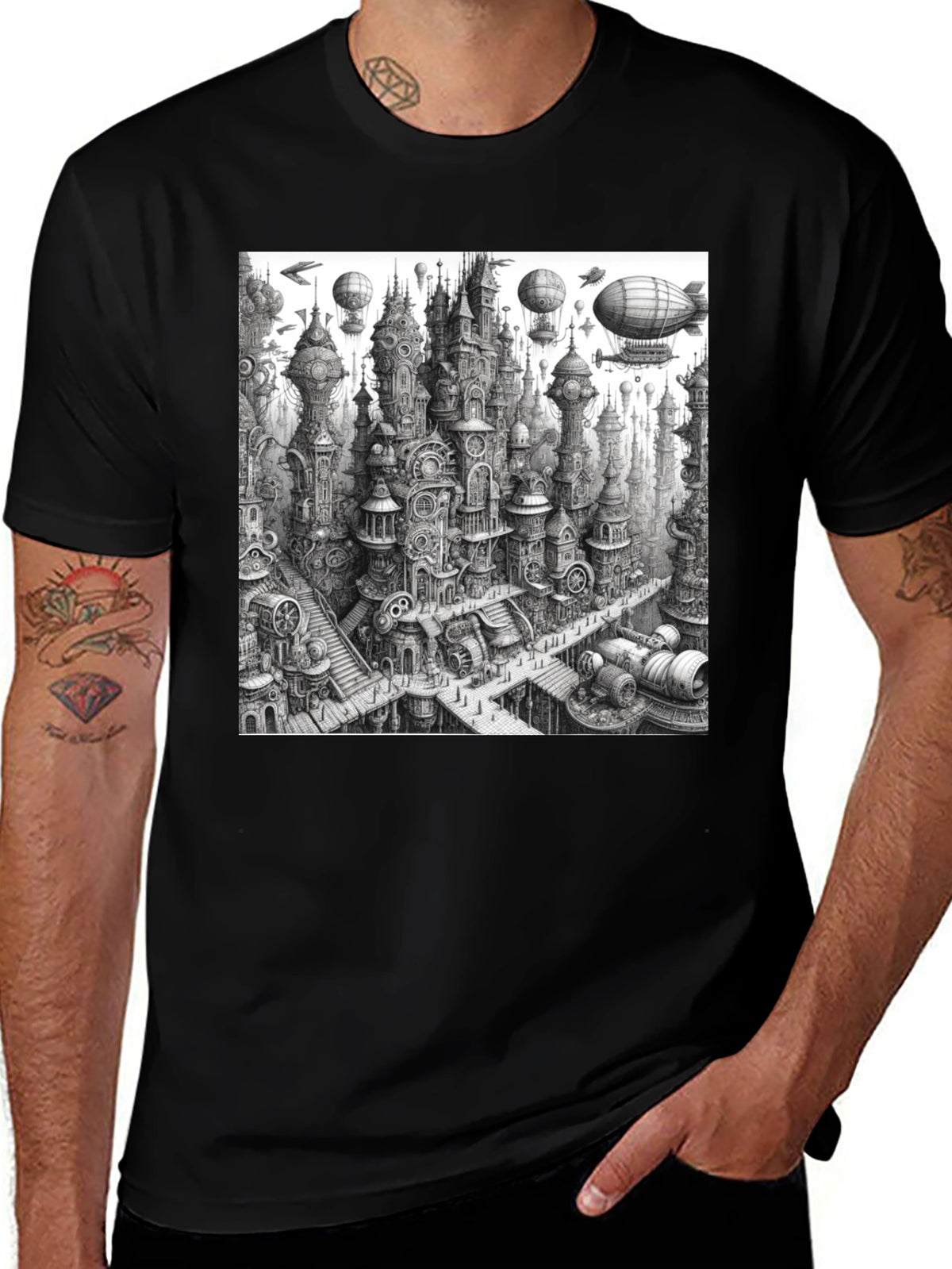 Steampunk City Black Tee - Unique Graphic Design
