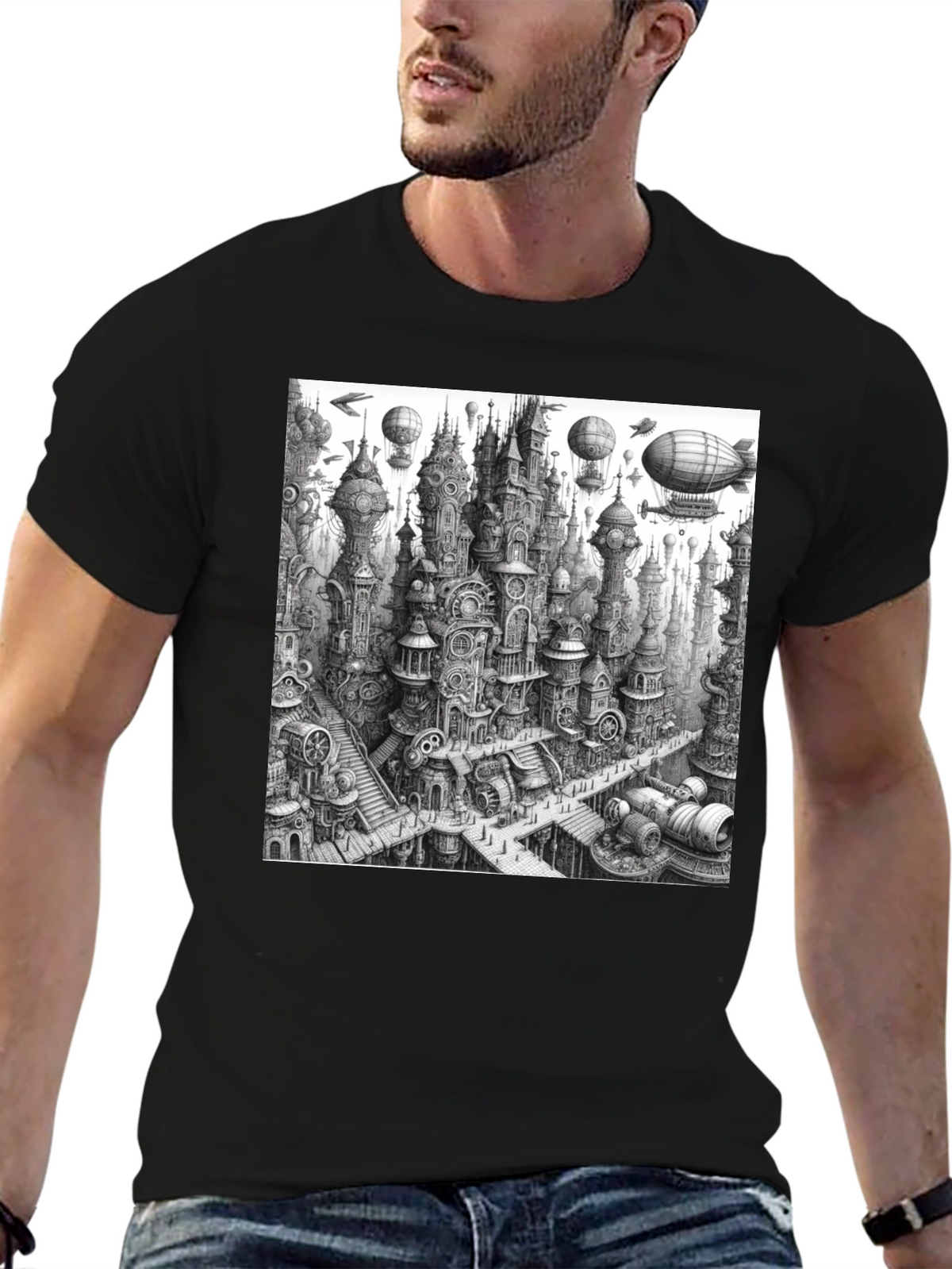 Steampunk City Black Tee - Unique Graphic Design