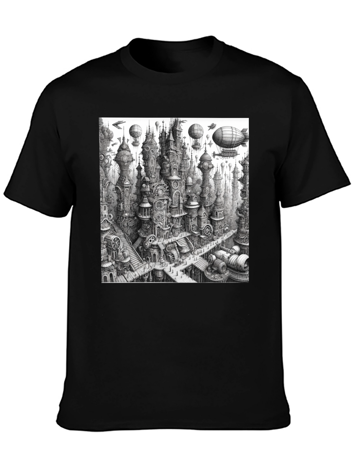Steampunk City Black Tee - Unique Graphic Design