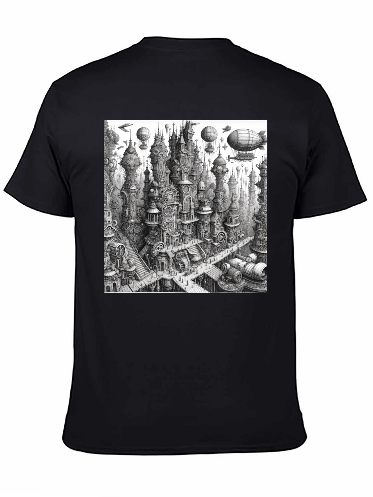 Steampunk City Black Tee - Unique Graphic Design