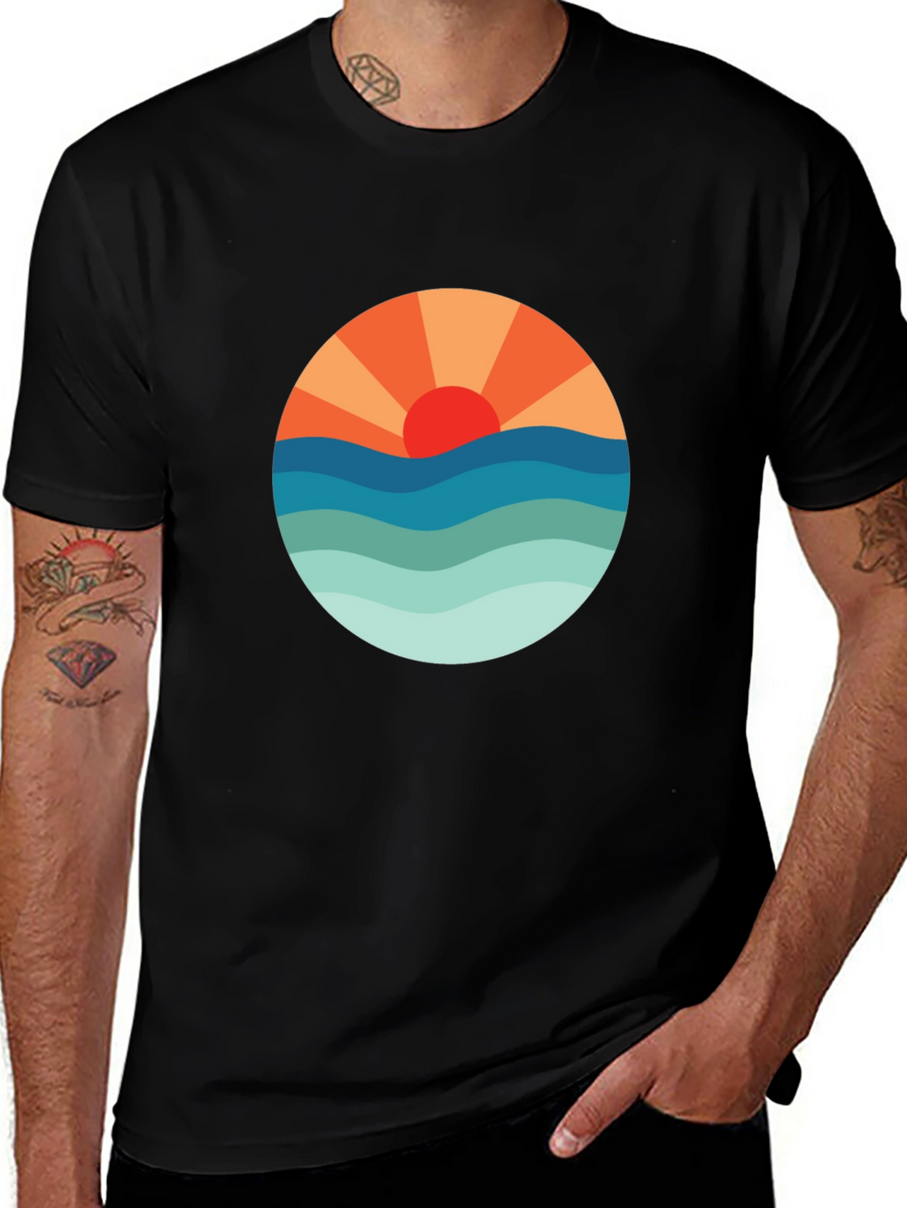 Sunset Waves Graphic Tee - Black Cotton Blend