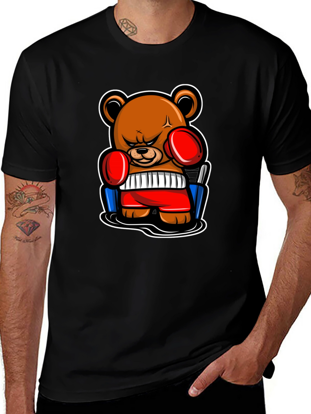 Boxing Bear Graphic Tee - Black Cotton T-Shirt