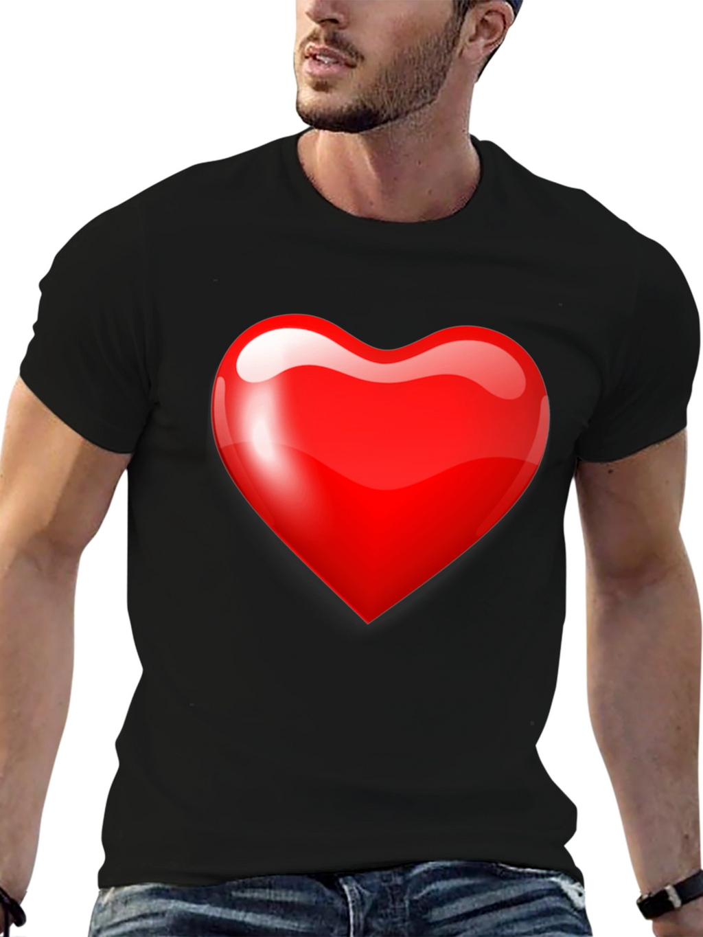Mens Black T-Shirt with Bold Red Heart Graphic