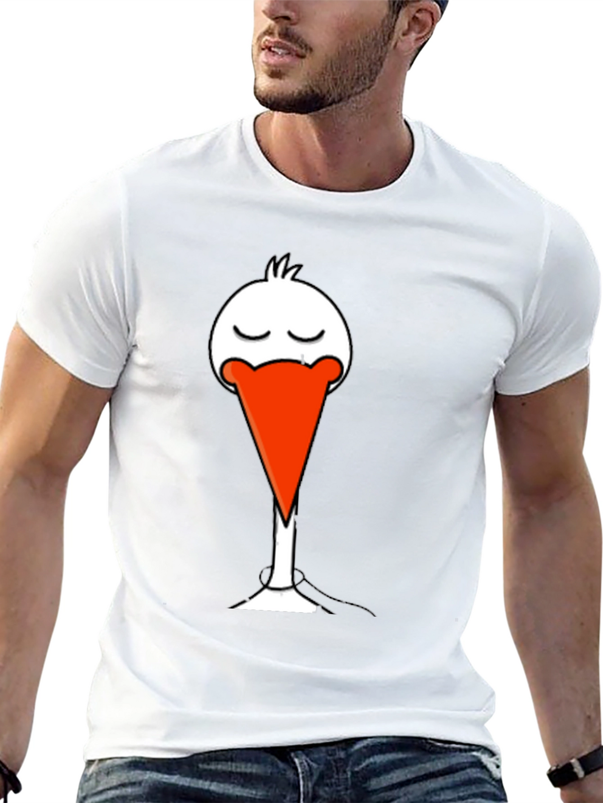 Black T-Shirt with Funny Stork Graphic Print
