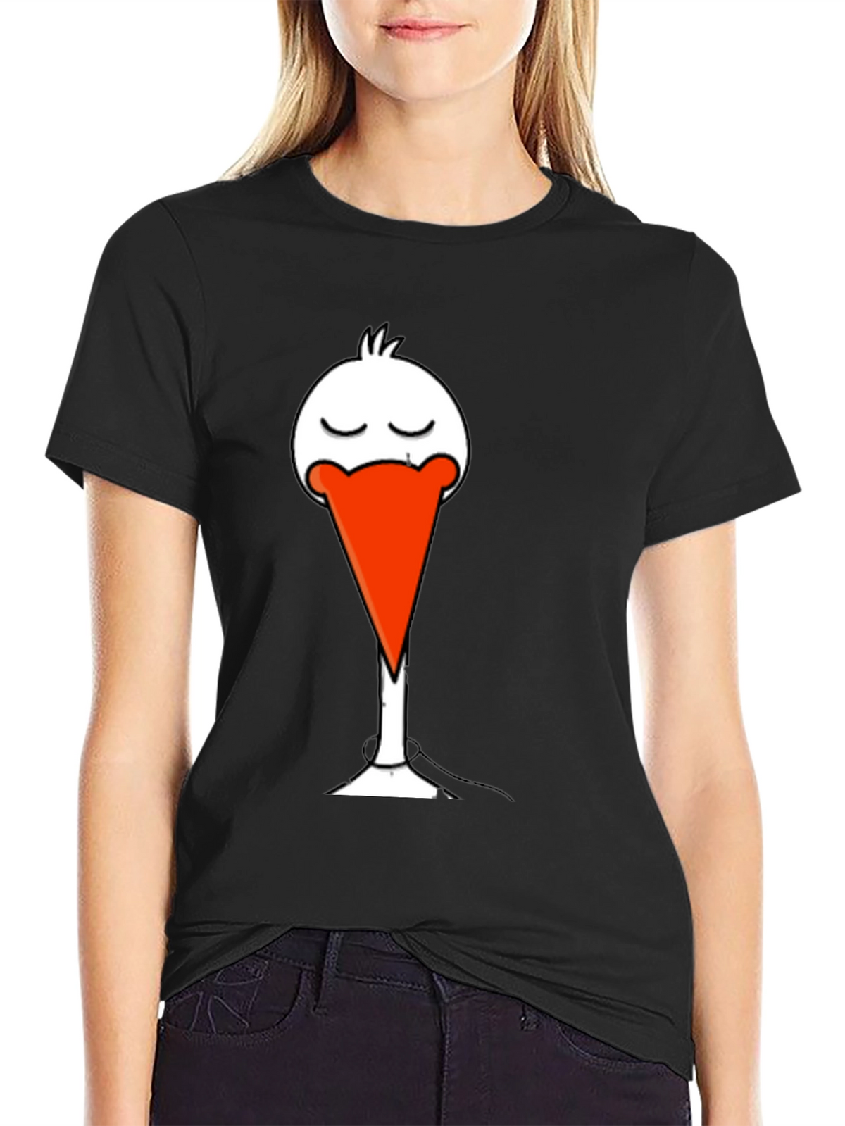 Black T-Shirt with Funny Stork Graphic Print