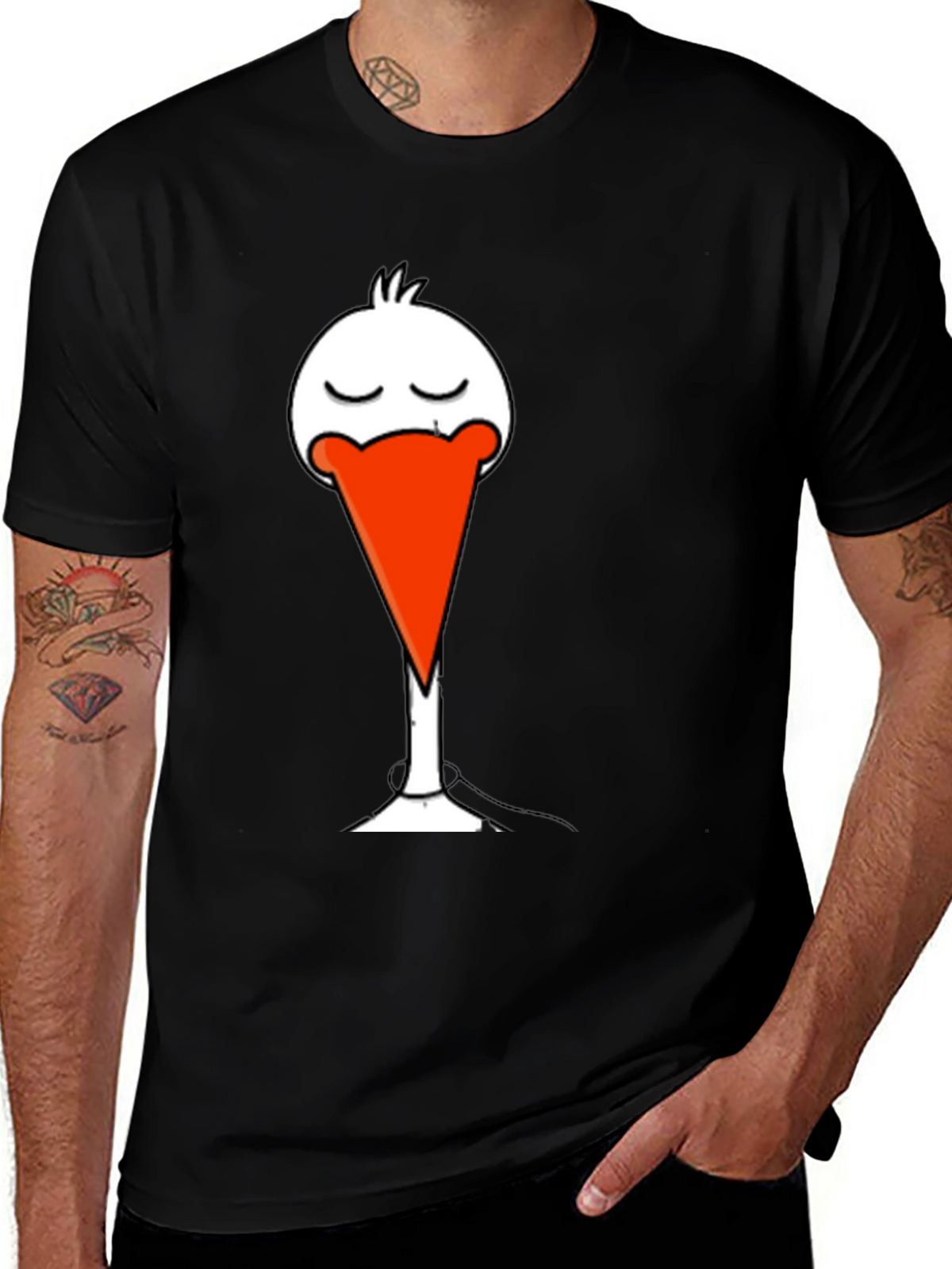 Black T-Shirt with Funny Stork Graphic Print
