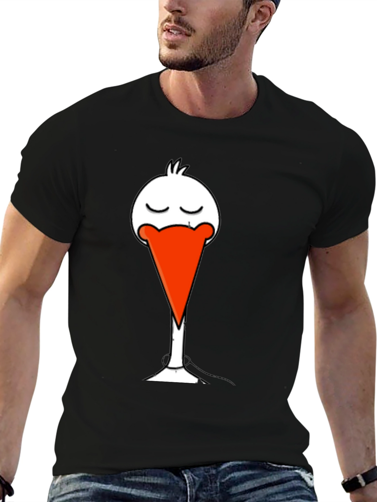 Black T-Shirt with Funny Stork Graphic Print