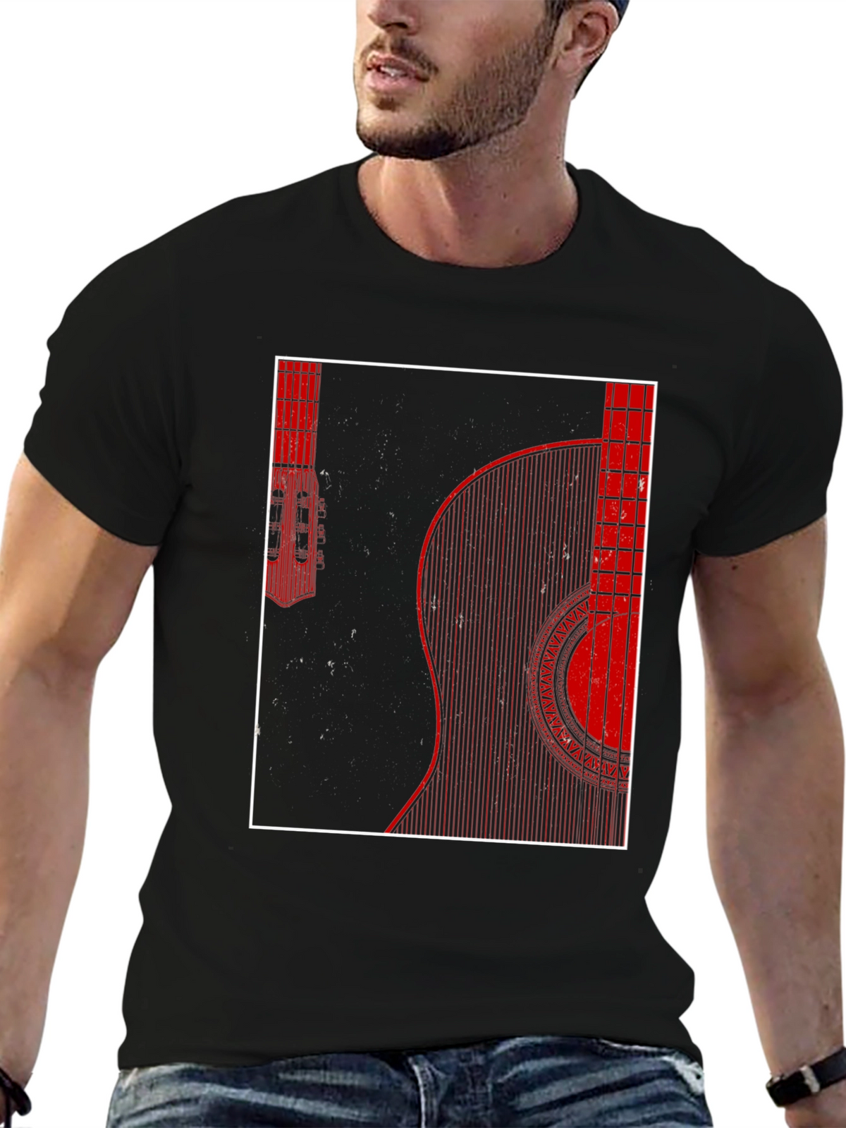 Guitar Graphic Print Mens Black T-Shirt