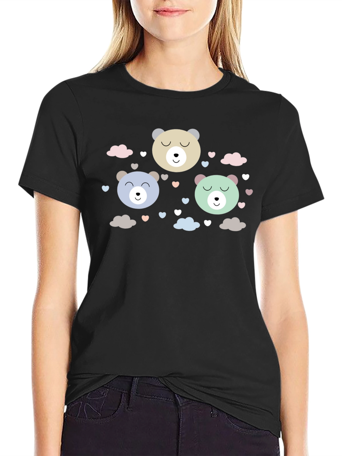Cute Bear Print Black T-Shirt