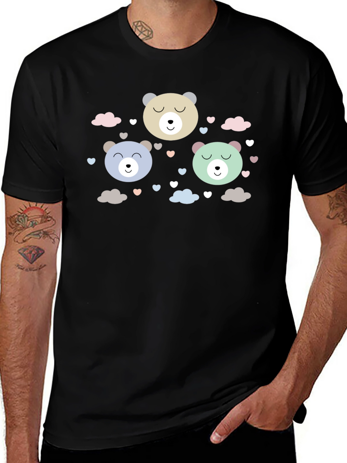 Cute Bear Print Black T-Shirt