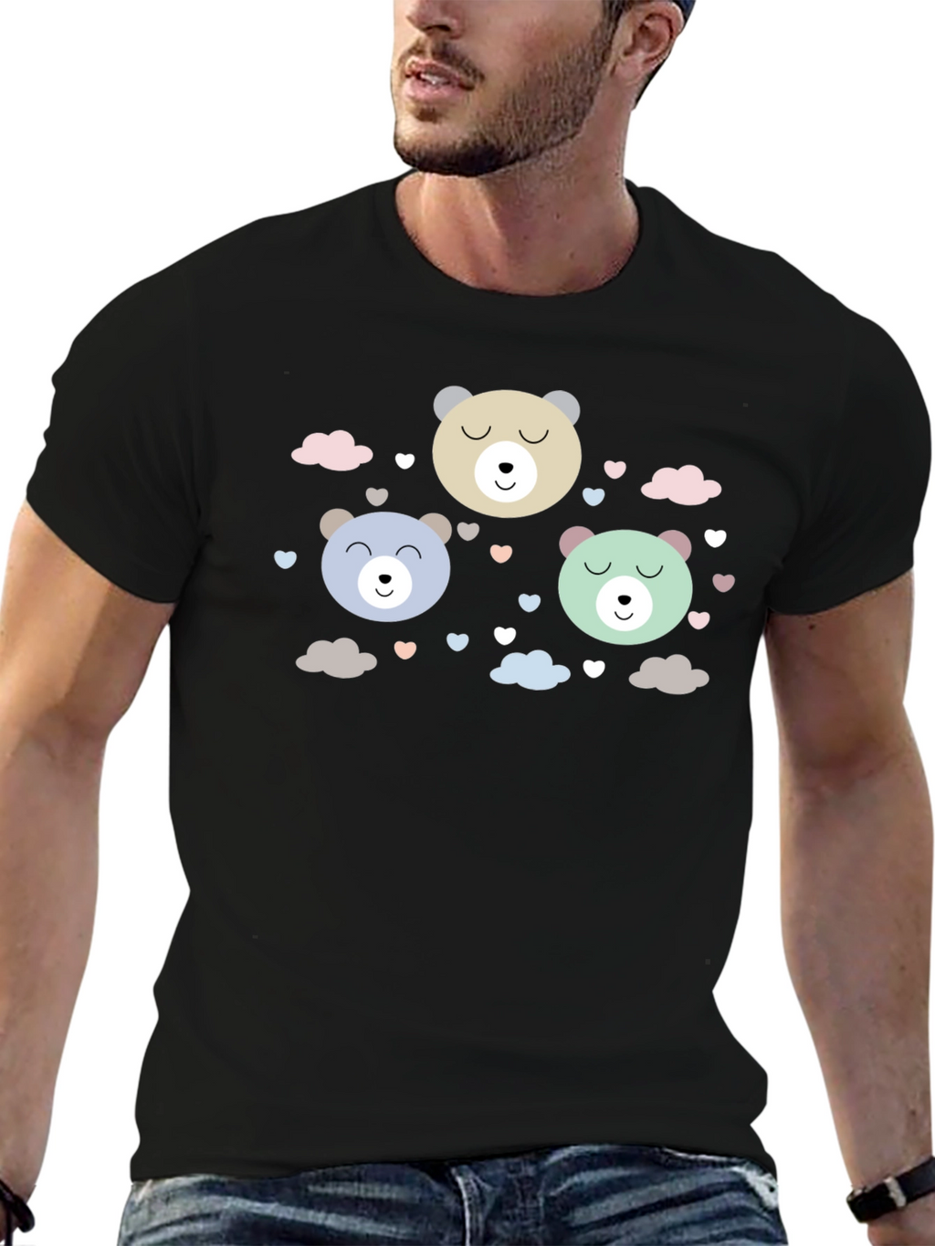 Cute Bear Print Black T-Shirt