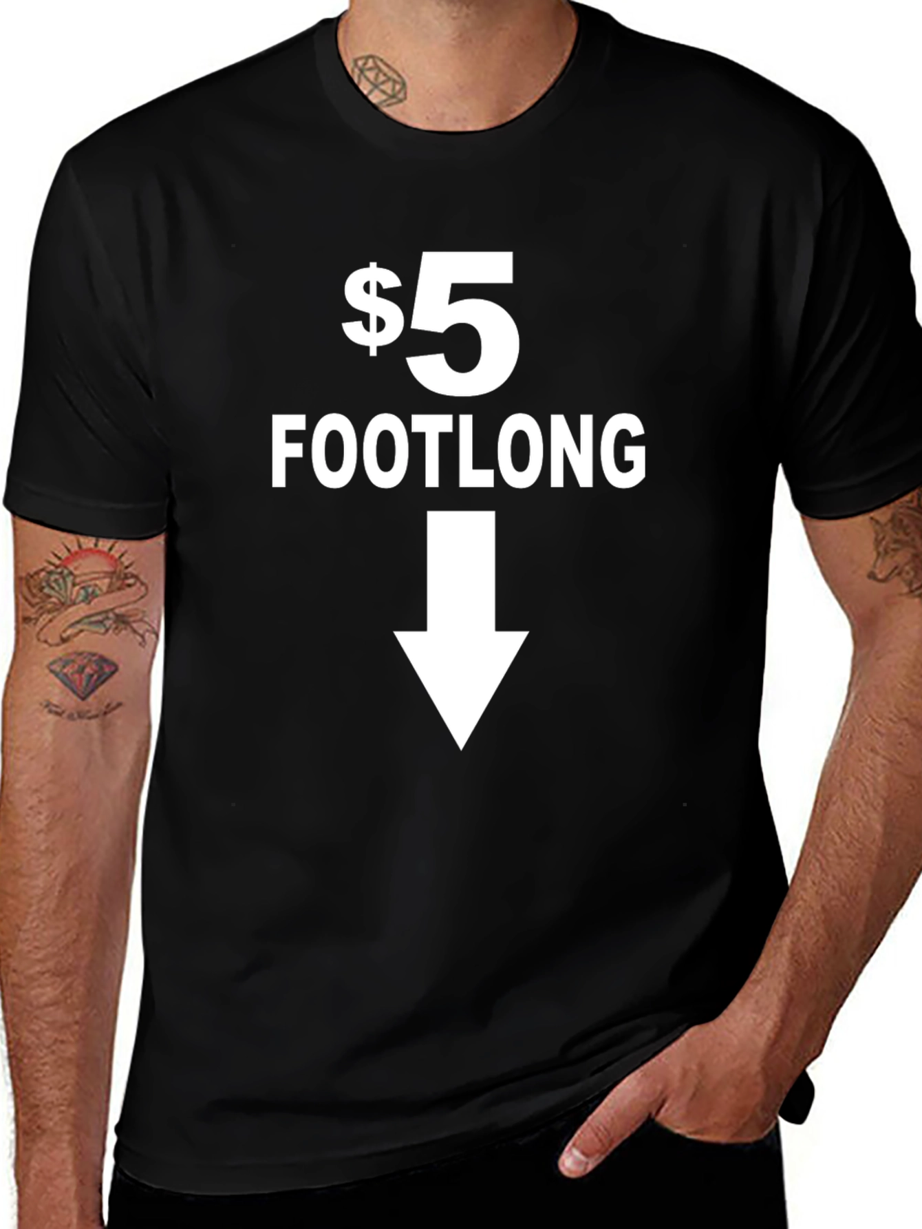 $5 Footlong Black Graphic T-Shirt - Point Down