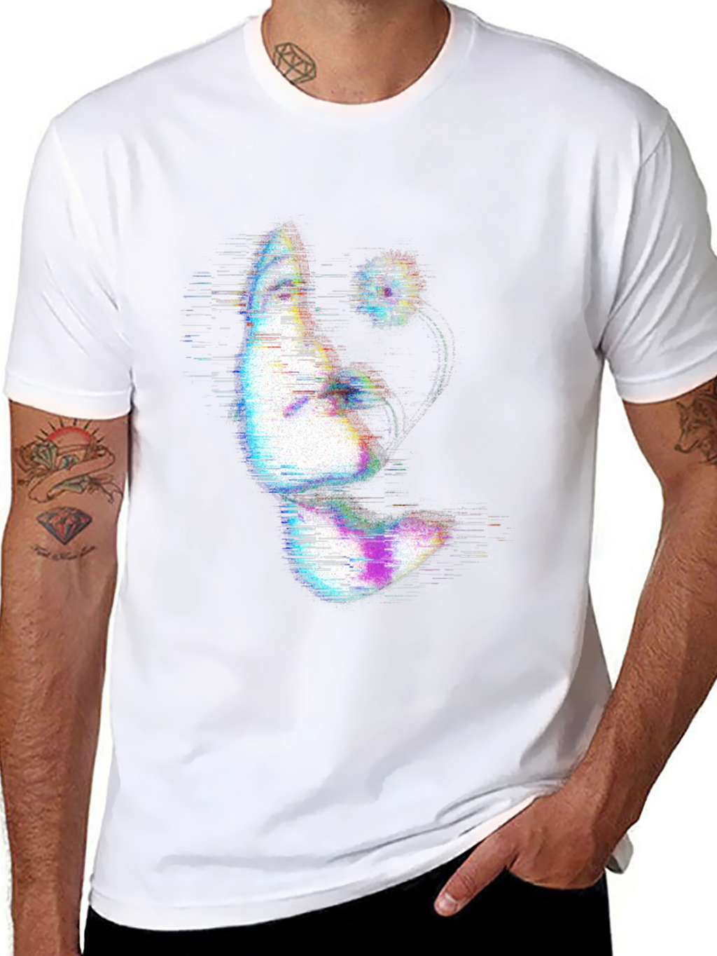 Glitch Art Face Print Black T-Shirt