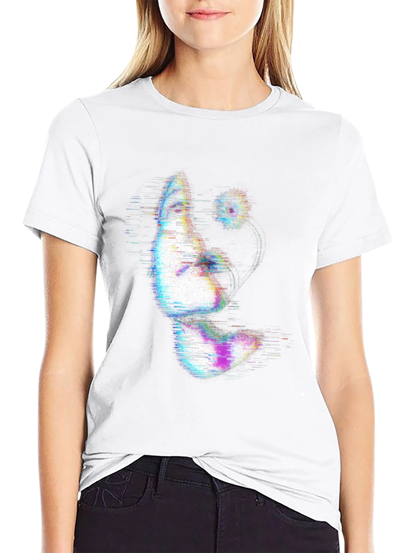 Glitch Art Face Print Black T-Shirt