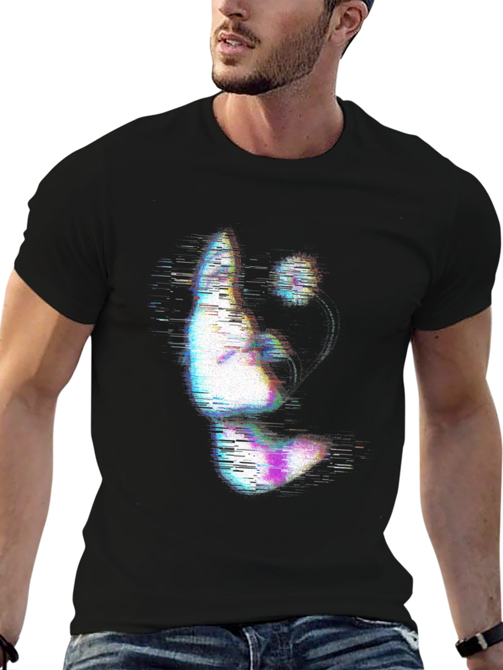 Glitch Art Face Print Black T-Shirt