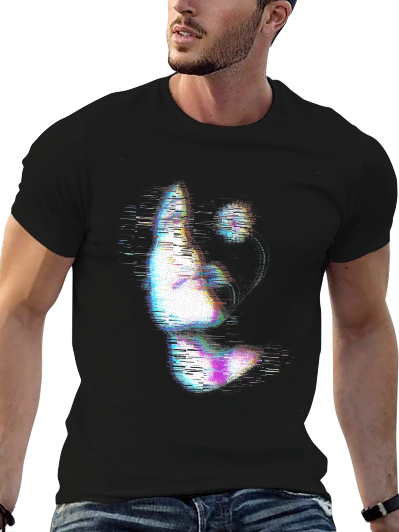 Glitch Art Face Print Black T-Shirt