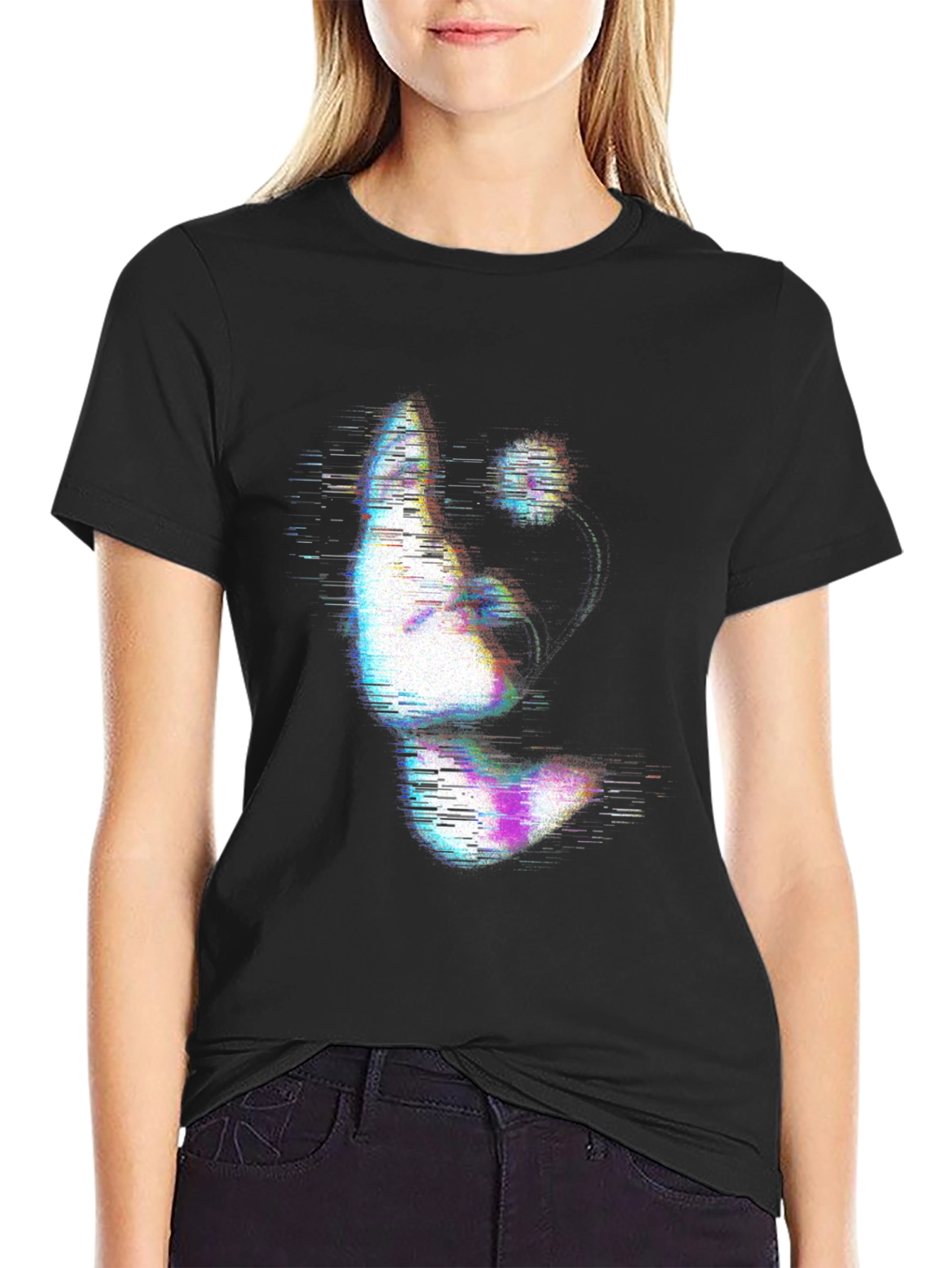 Glitch Art Face Print Black T-Shirt