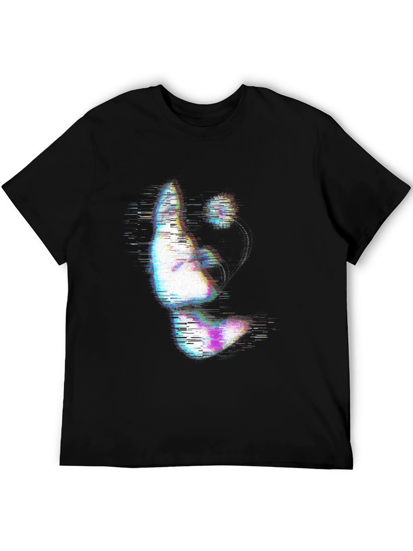 Glitch Art Face Print Black T-Shirt