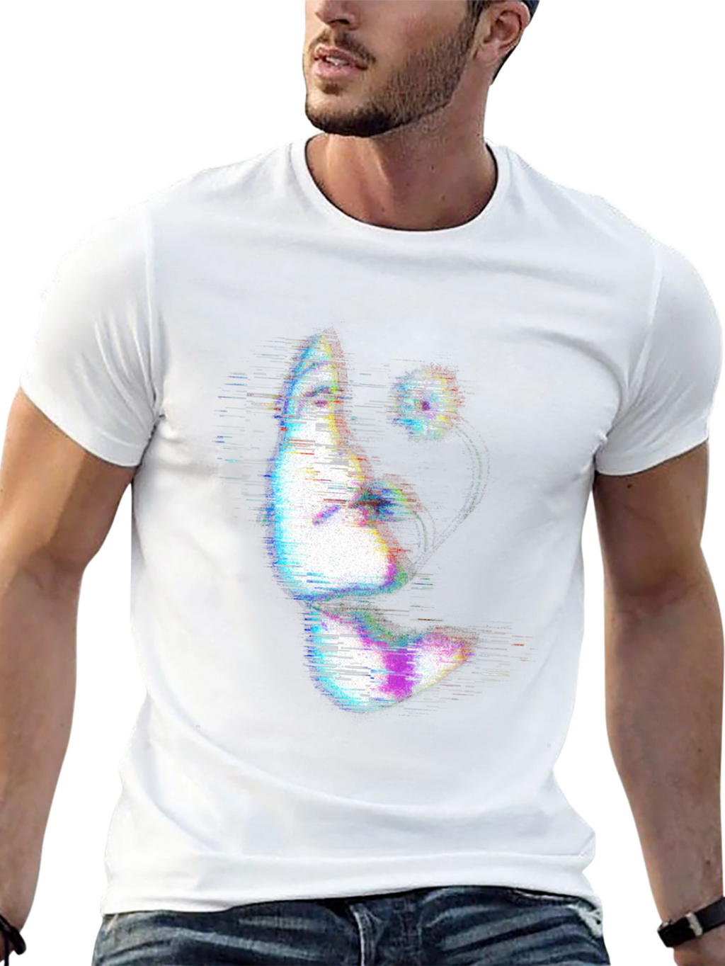 Glitch Art Face Print Black T-Shirt