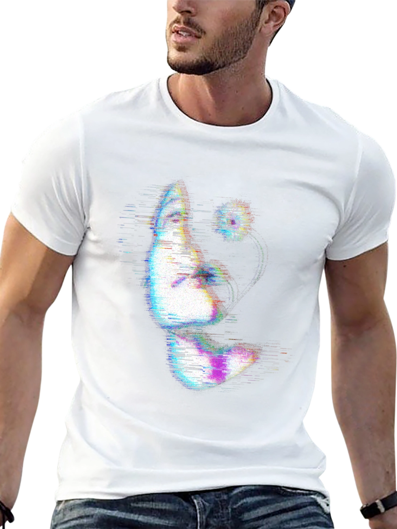 Glitch Art Face Print Black T-Shirt