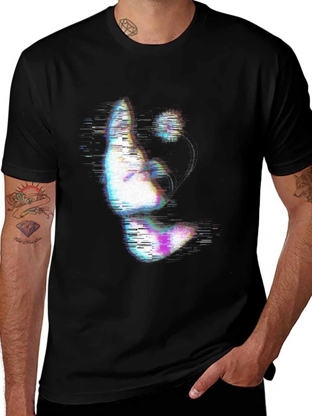 Glitch Art Face Print Black T-Shirt