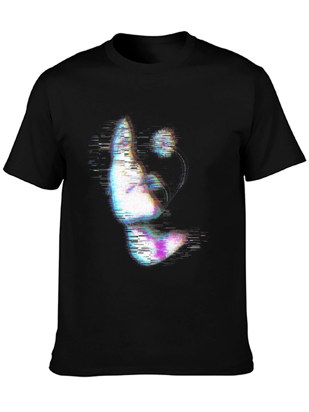 Glitch Art Face Print Black T-Shirt