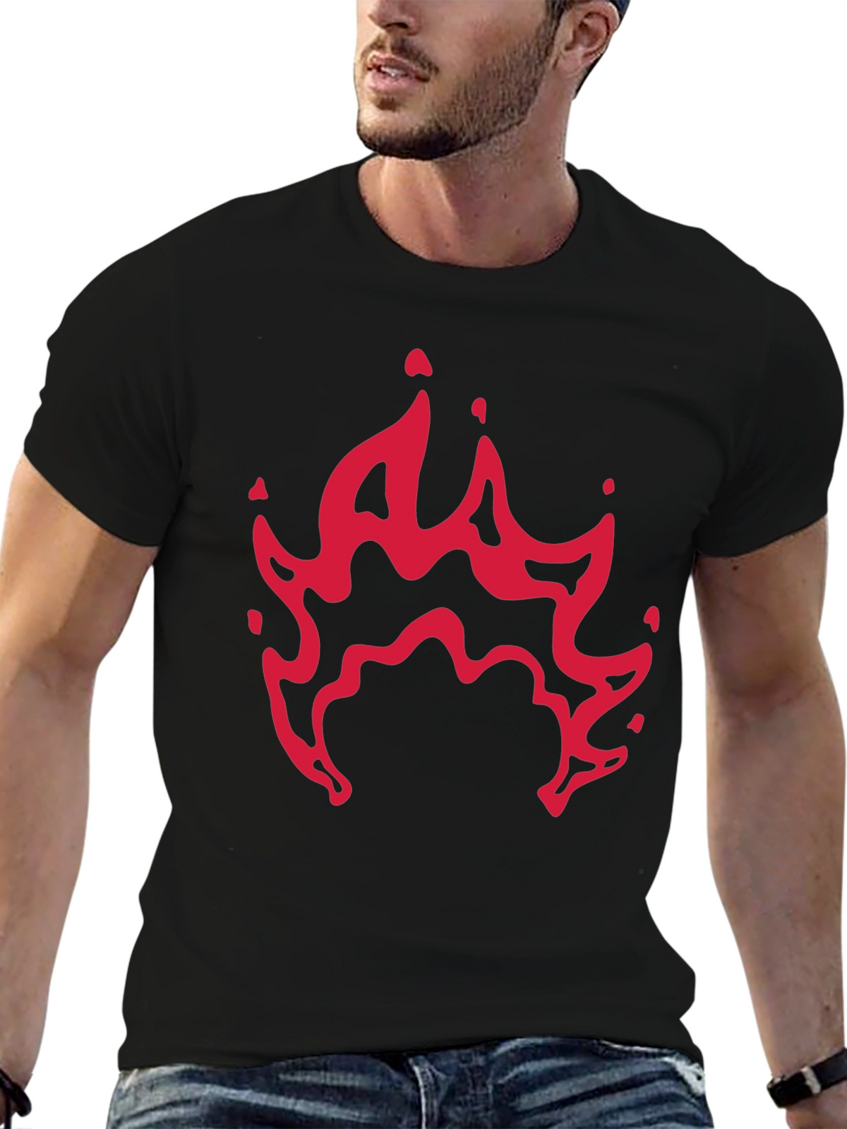Mens Black T-Shirt with Red Flame Graphic
