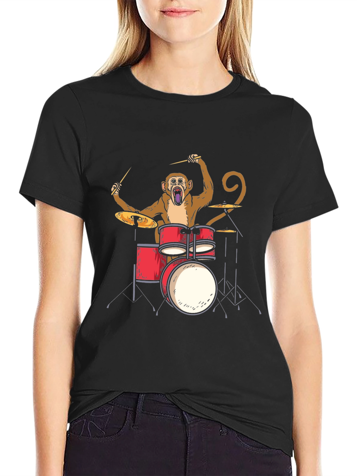 Monkey Drummer Graphic Tee - Black Cotton T-Shirt