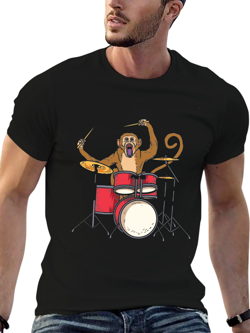 Monkey Drummer Graphic Tee - Black Cotton T-Shirt