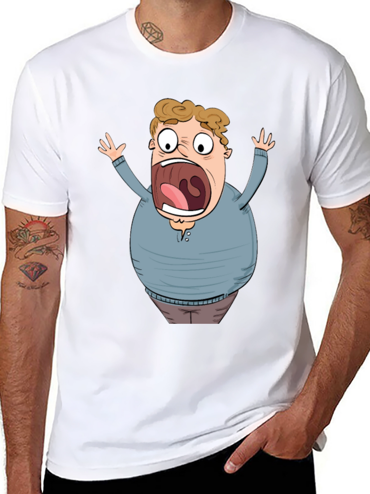 Cartoon Scared Man Graphic Black T-Shirt