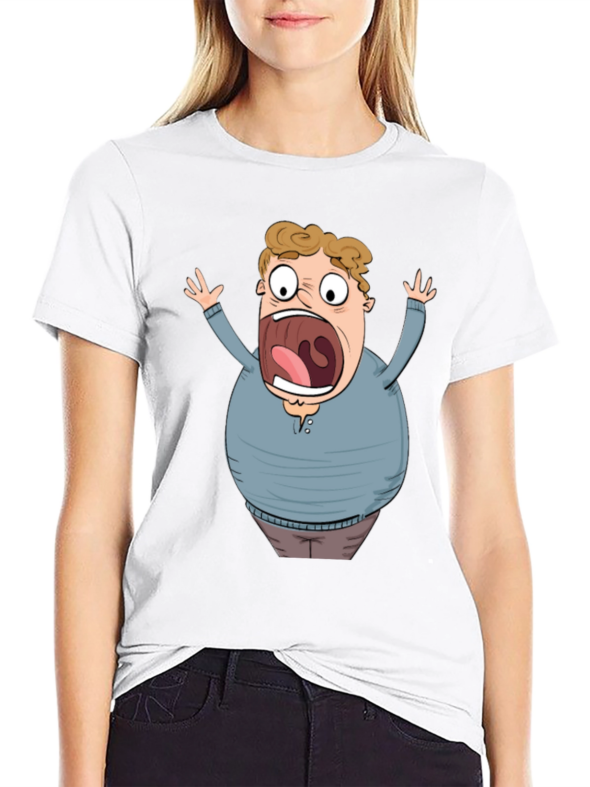 Cartoon Scared Man Graphic Black T-Shirt