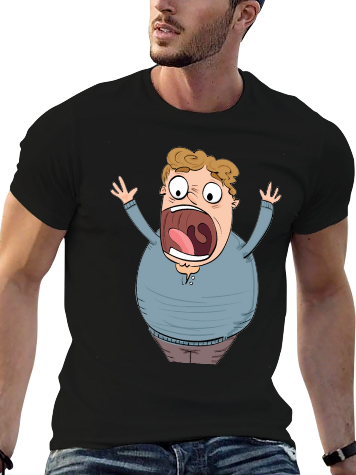 Cartoon Scared Man Graphic Black T-Shirt