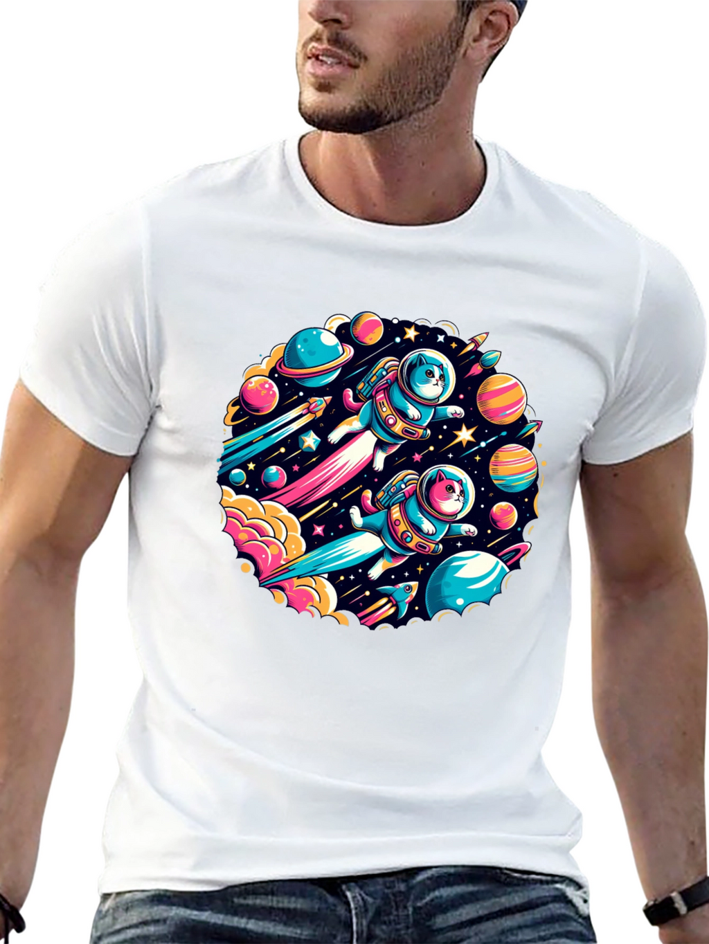 Space Cats Graphic T-Shirt - Quirky Outer Space Design