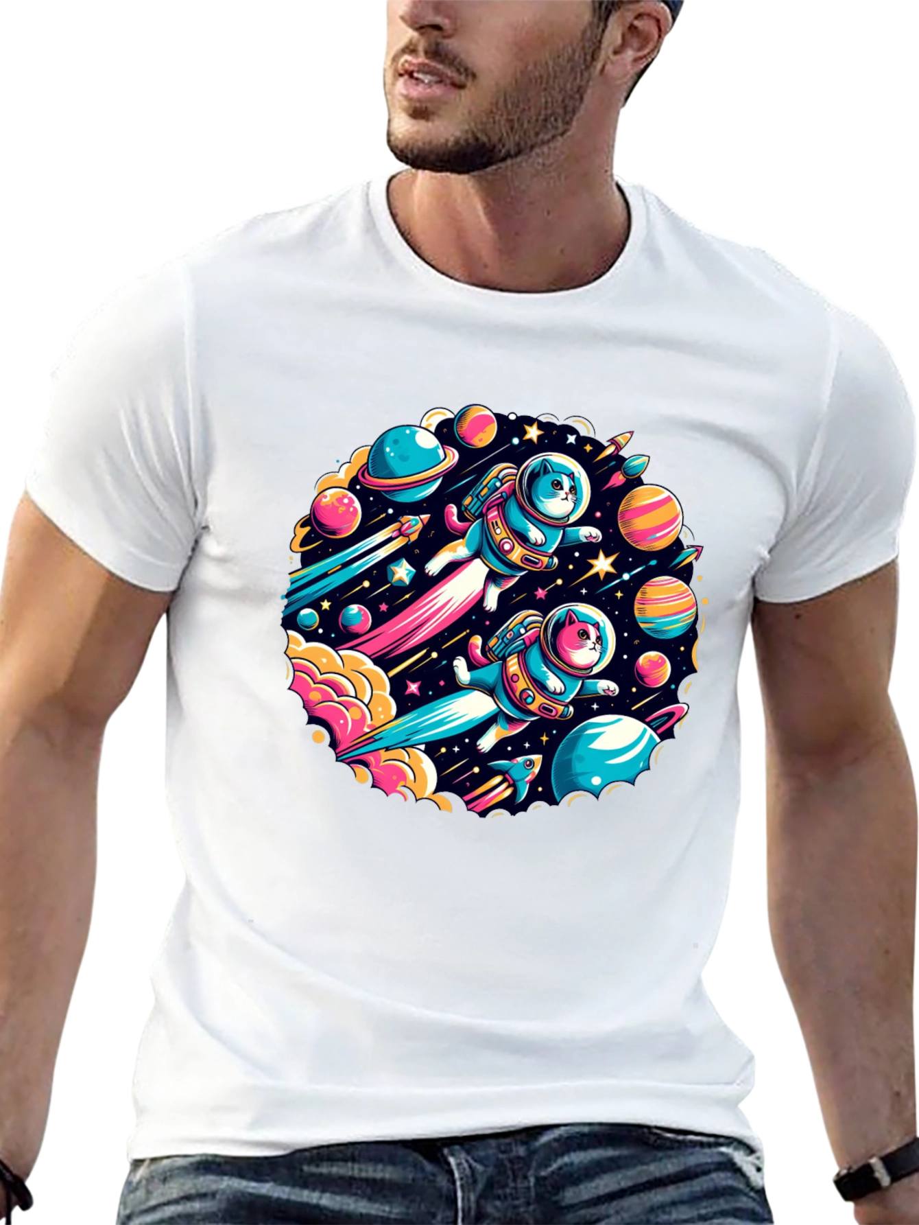 Space Cats Graphic T-Shirt - Quirky Outer Space Design