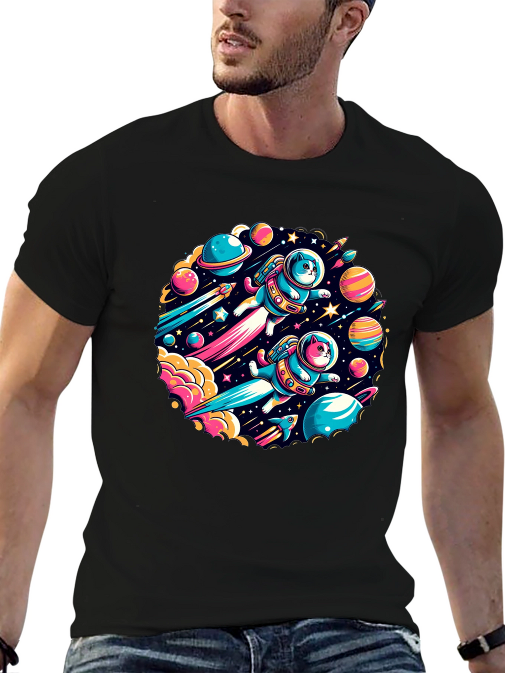 Space Cats Graphic T-Shirt - Quirky Outer Space Design