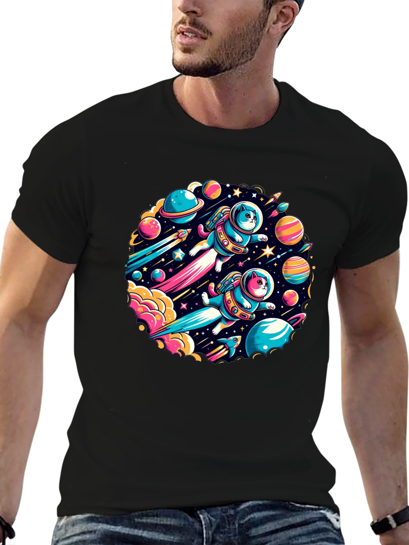Space Cats Graphic T-Shirt - Quirky Outer Space Design