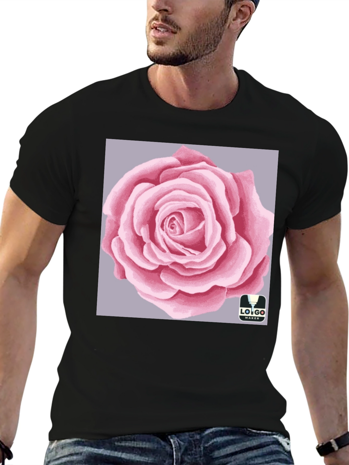 Mens Black T-Shirt with Rose Graphic