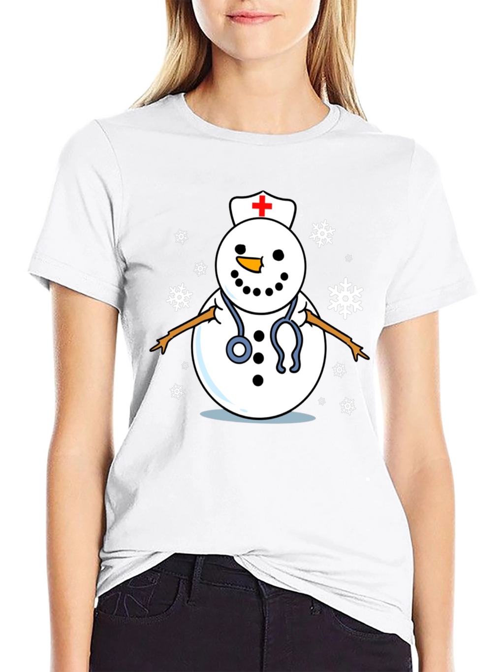 Nurse Snowman T-Shirt - Black Cotton Holiday Tee