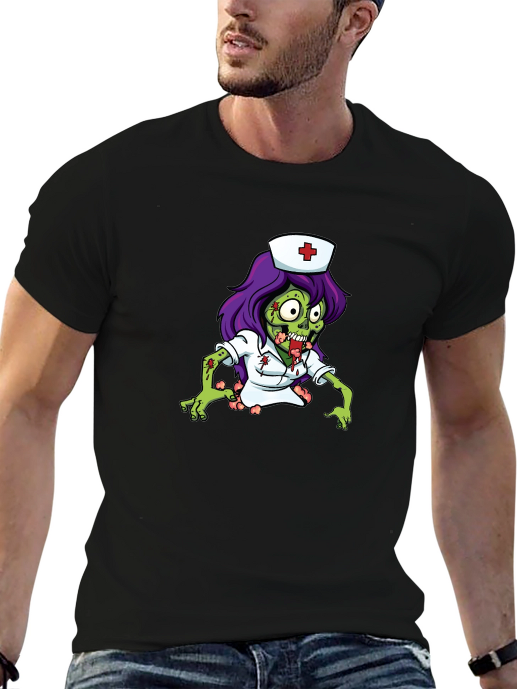Zombie Nurse Graphic Tee - Black Cotton T-Shirt