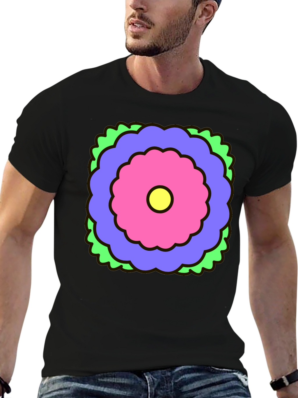 Retro Flower Graphic Black T-Shirt
