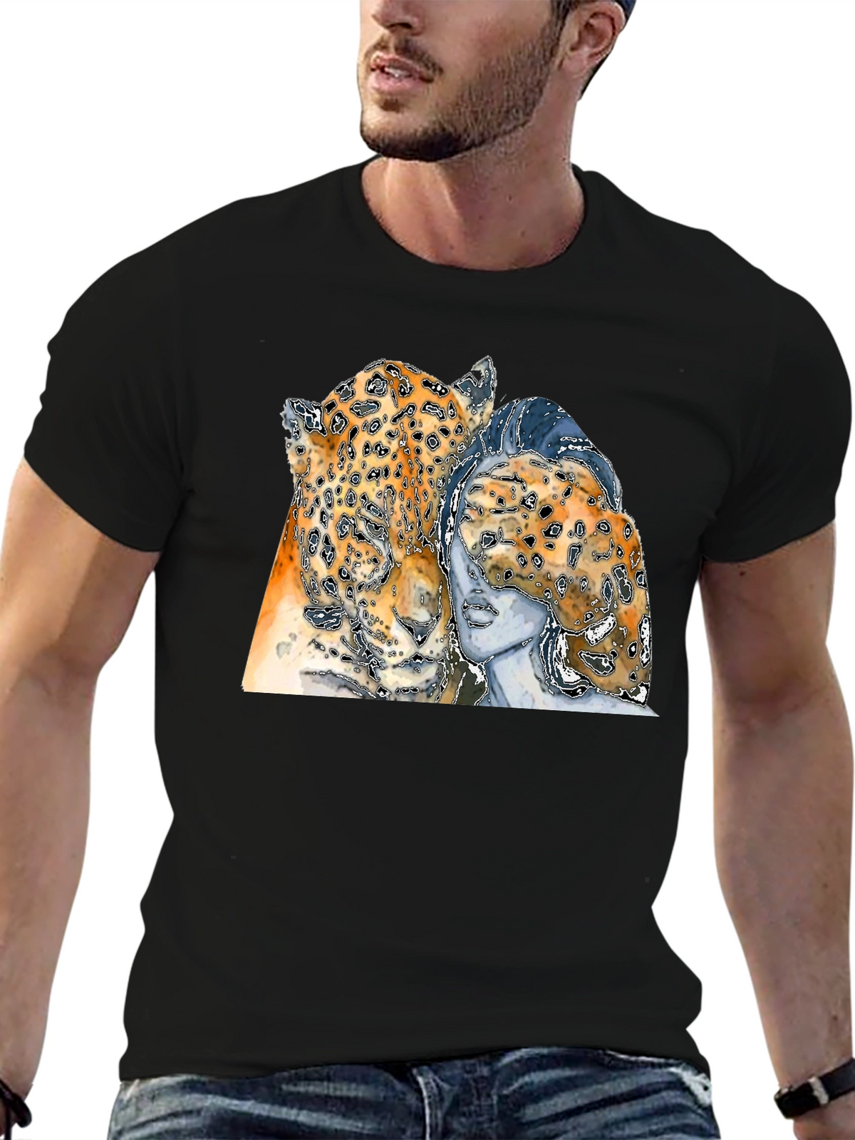 Leopard & Woman Graphic Print Black T-Shirt