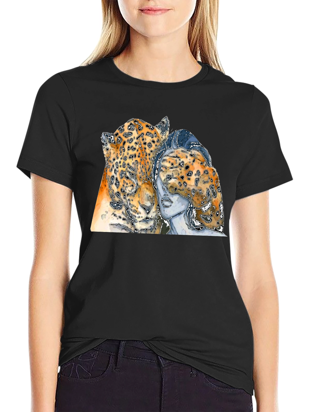 Leopard & Woman Graphic Print Black T-Shirt