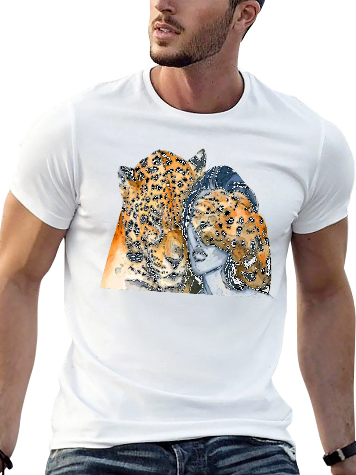 Leopard & Woman Graphic Print Black T-Shirt