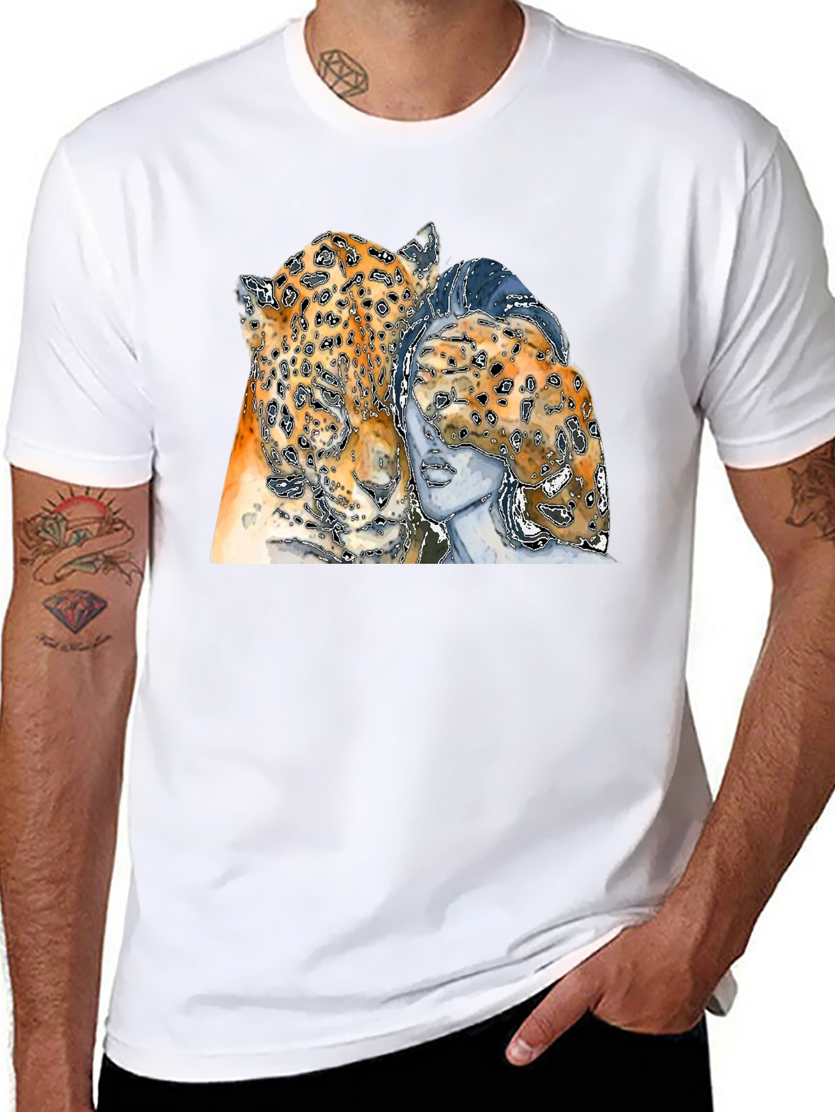 Leopard & Woman Graphic Print Black T-Shirt