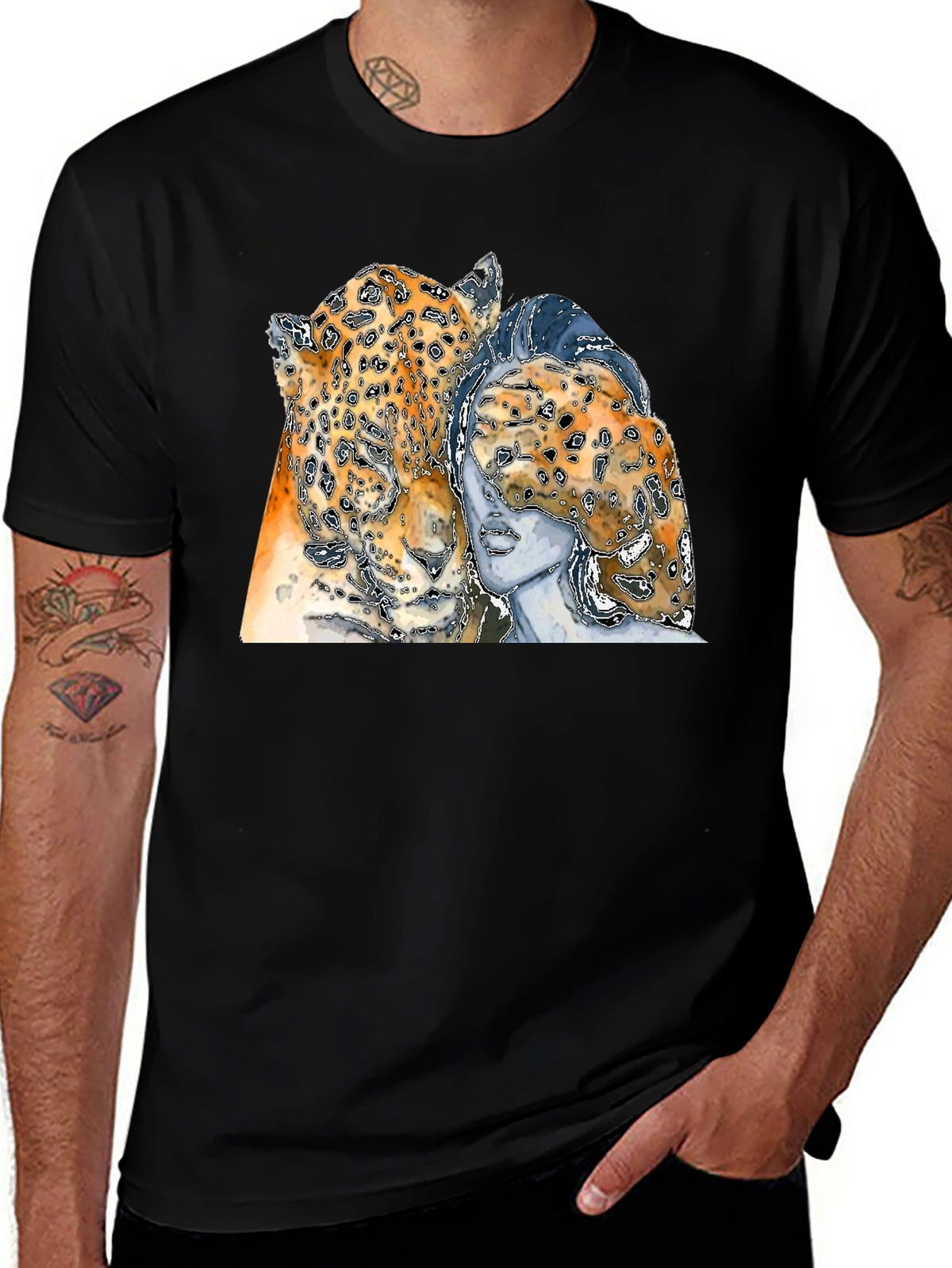 Leopard & Woman Graphic Print Black T-Shirt