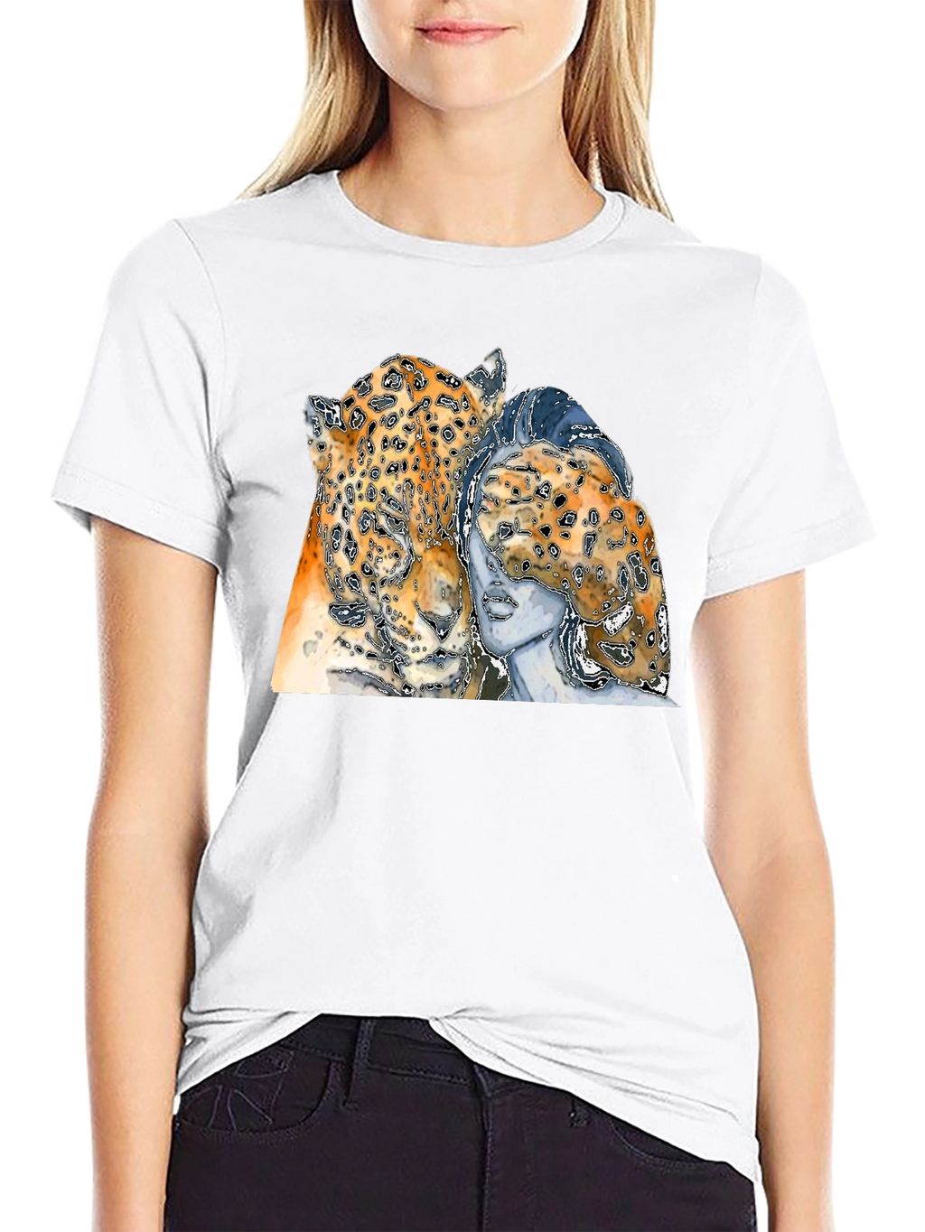 Leopard & Woman Graphic Print Black T-Shirt